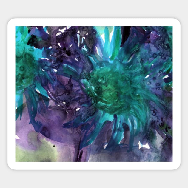 Abstract colorful background with watercolor wild flowers. Blue-violet-green painting with sunflowers. For the fabric, textile, wall decor, wallpapers, covers and packaging. Sticker by Olesya Pugach